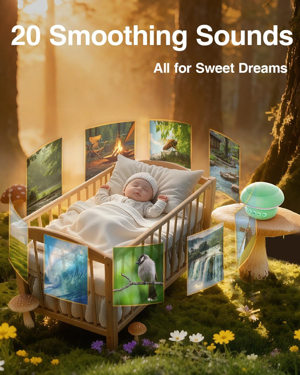 Portable White Noise Sound Machine with 20 Relaxing Sounds, 48H Playtime, 3 Timers & Night Lights, Memory, TF Card Mode & 10m Wireless…