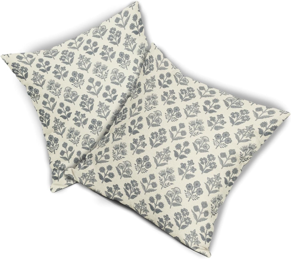 Dusty Blue Floral Pillow Covers 16x16 Inch Set of 2, Vintage Flower Block Print Pattern Decorative Throw Pillowcases Outdoor Farmhouse…