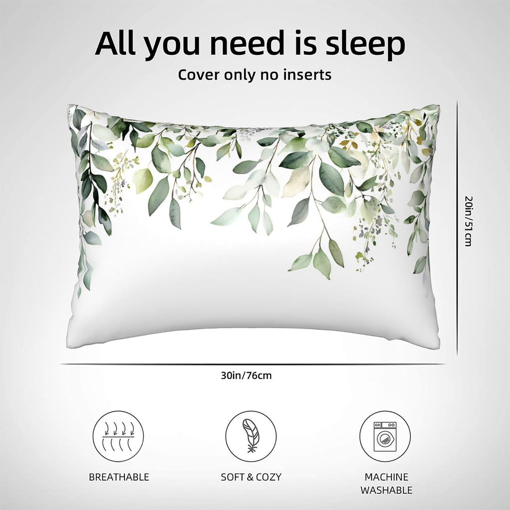 Imitation Silk Pillowcase for Hair and Skin Floral Watercolor Green Branches 1 Pack Satin Queen Pillowcase with Hidden Zipper Cooling…