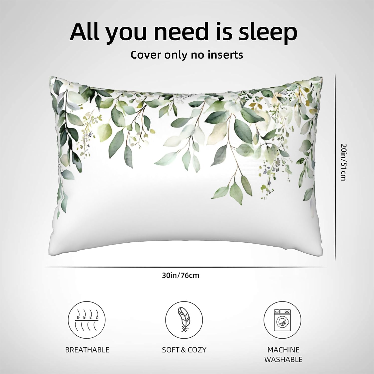 Imitation Silk Pillowcase for Hair and Skin Floral Watercolor Green Branches 1 Pack Satin Queen Pillowcase with Hidden Zipper Cooling…