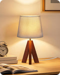 Tripod Table Lamp, 14.6" Small Bedside Lamp with Gray Linen Shade & Dark Wood Base, Modern Nightstand Lamp for Bedroom, Kids Room, Living…