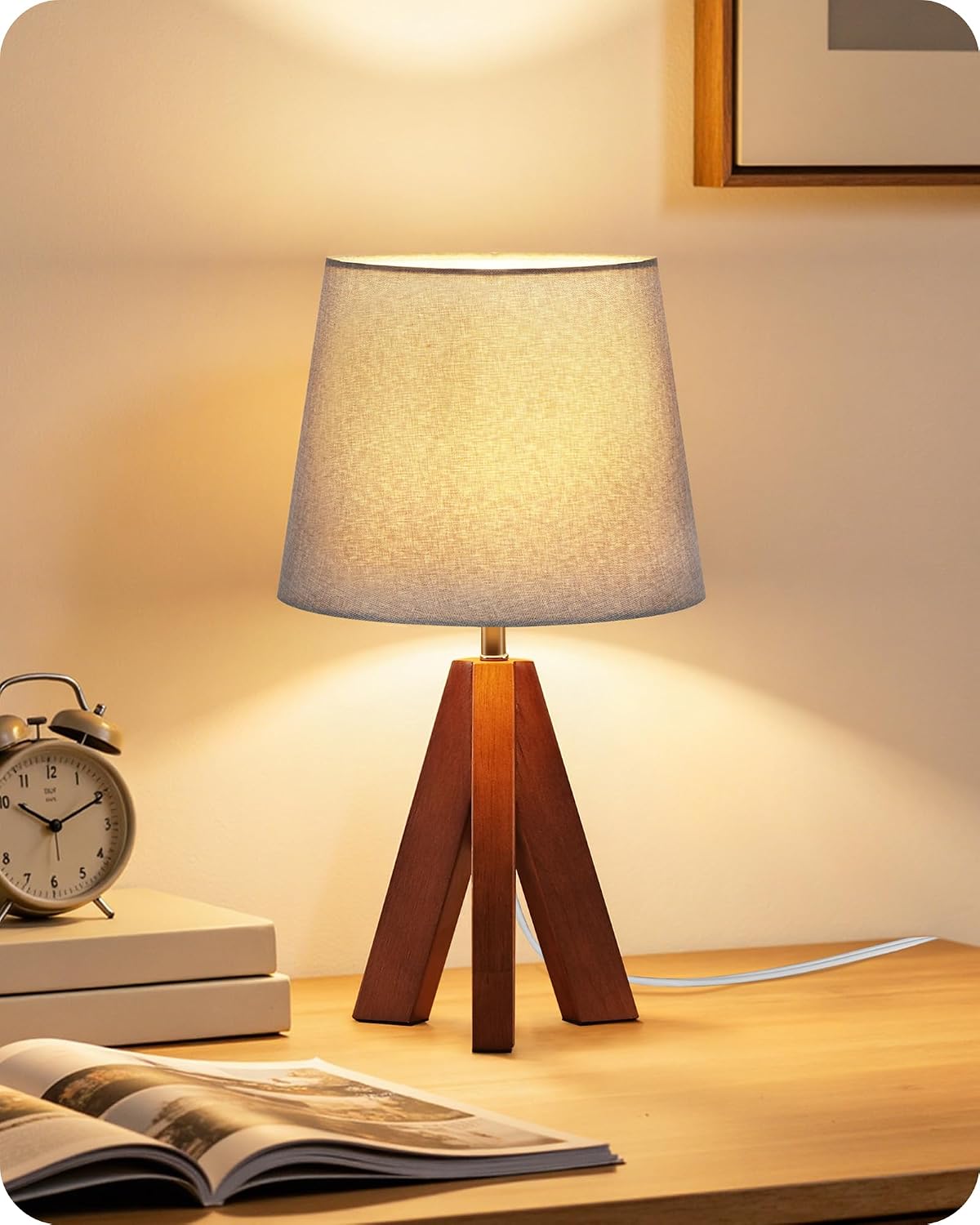Tripod Table Lamp, 14.6" Small Bedside Lamp with Gray Linen Shade & Dark Wood Base, Modern Nightstand Lamp for Bedroom, Kids Room, Living…