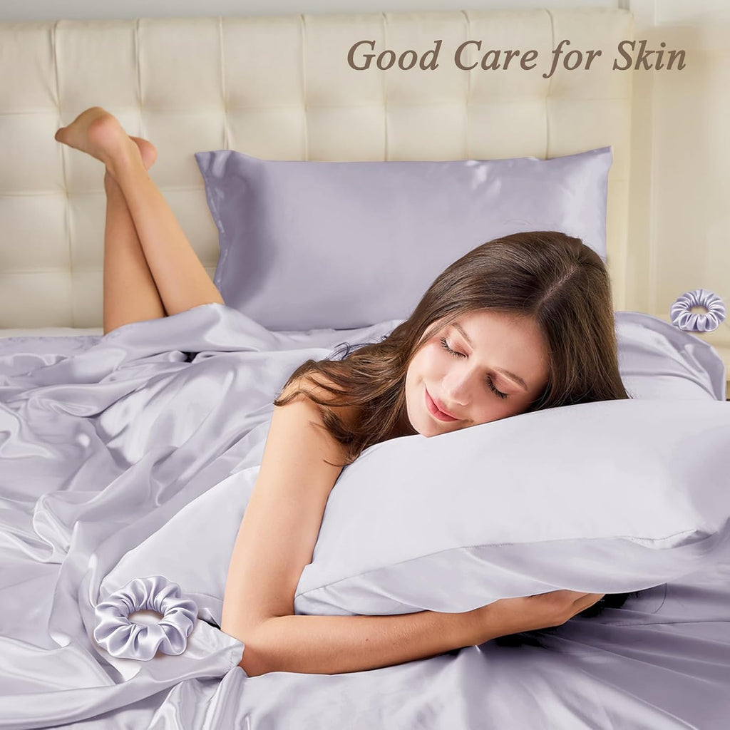 Vielit Standard Satin Pillowcase for Hair 2pc, Similar to Silk Pillow Cases, for Women Men, Lavandar,20x26 & Envelope Closure and 2 Satin Scr…
