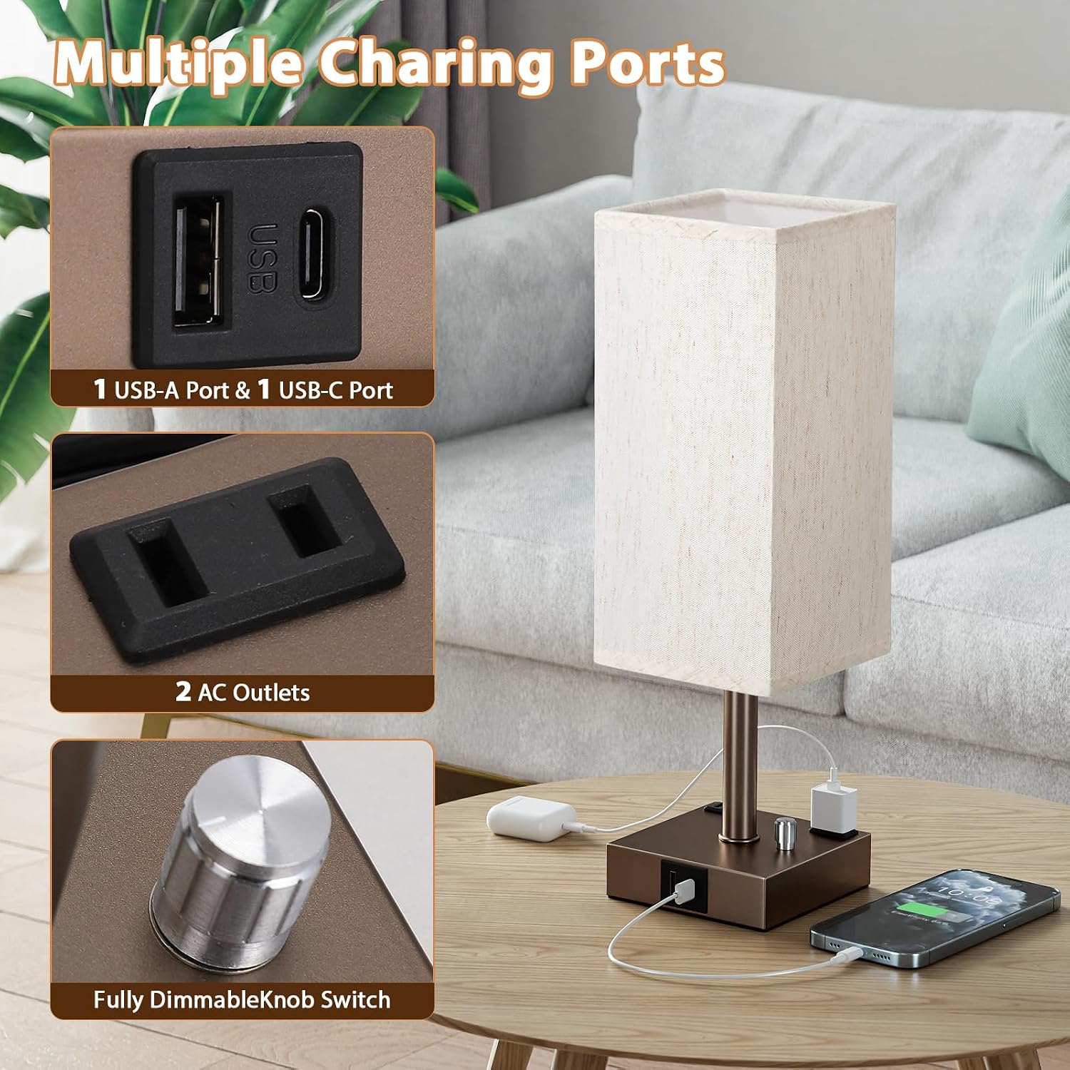 aooshine Brown Fully Dimmable Nightstand Lamps Set of 2 - Table Bedside Lamp with USB C+A Charging Ports & 2 AC Outlets, Square Lamp Sets…