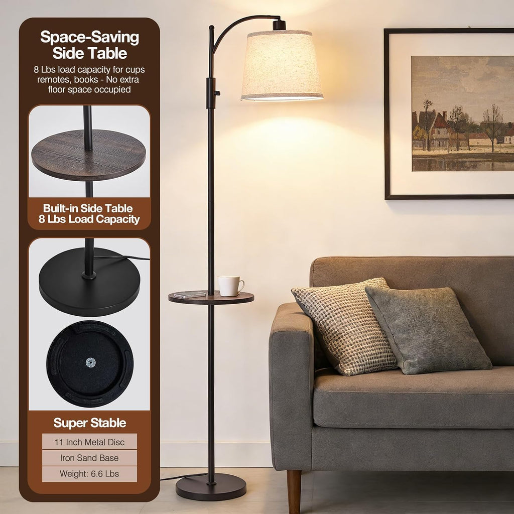 AIDENOEY Fully Dimmable Floor Lamp for Living Room, Standing Lamp Rotary Switch with Table&Linen Beige Shade, Black Tall Lamps for Bedroom…