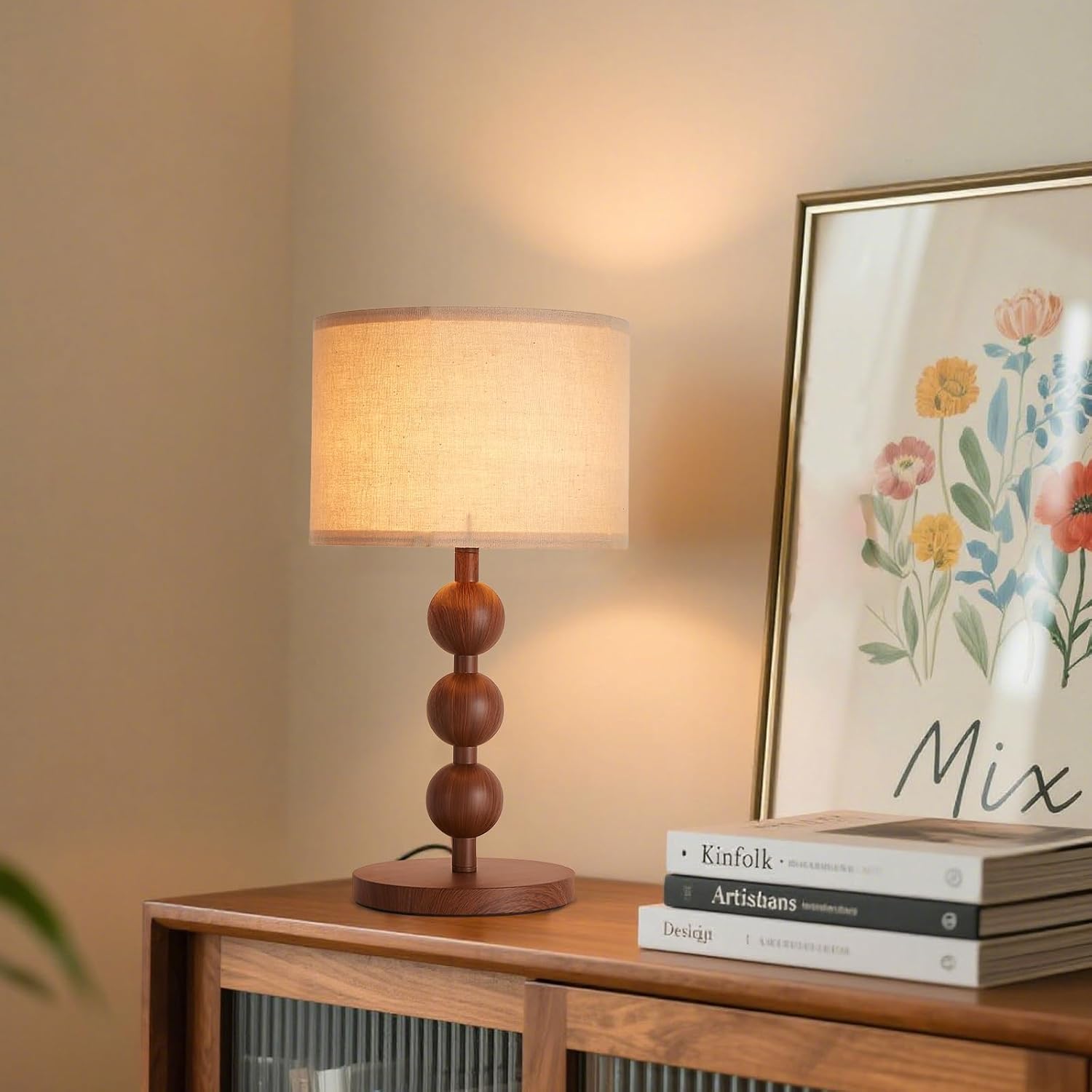 Bedside Nightstand Table Lamp for Bedroom, Red Wood Pattern Iron Desk Lamp with Fabric Shade, Mid Century Modern Farmhouse Lamps for…