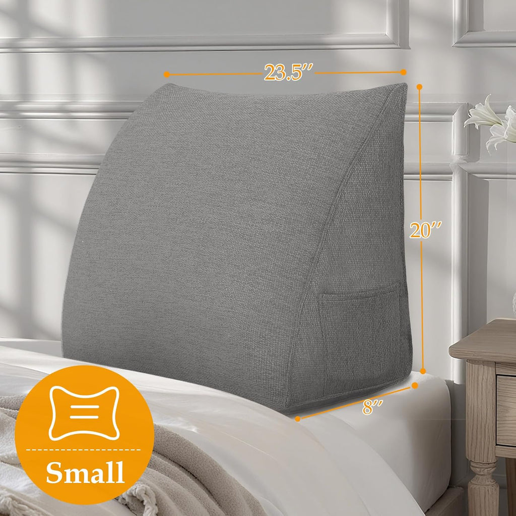 Wedge Headboard Pillow Reading Pillows for Sitting in Bed Adult Backrest Cushion with Removable Cover Side Pockets Sofa Grey Polyester