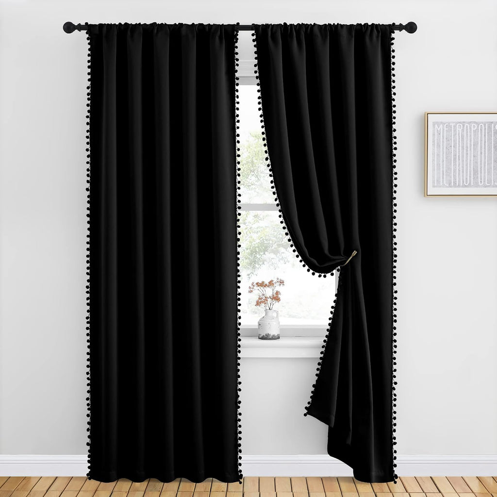 NICETOWN 2 Panels Blackout Curtains, Rod Pocket Pom Pom Curtains, Pretty Thermal Insulated Solid Farmhouse Drapes for Living Room, Patio…