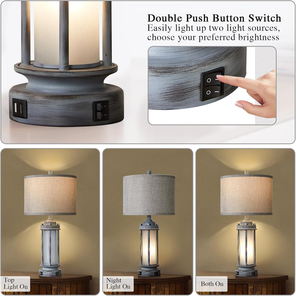 AIEAMPDO Set of 2 Rustic Table Lamps for Living Room, Farmhouse Vintage Nightstand Lamp with 2 USB Ports, Antique Retro Light Green Glass…