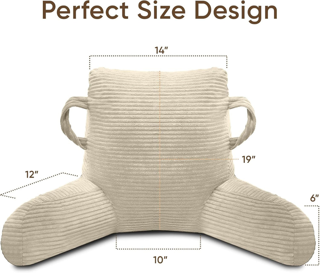 Reading Pillow for Sitting in Bed Adult, Bed Reading Pillow with Shredded Memory Foam, Back Pillow for Sitting with Arms and Pockets, Beige