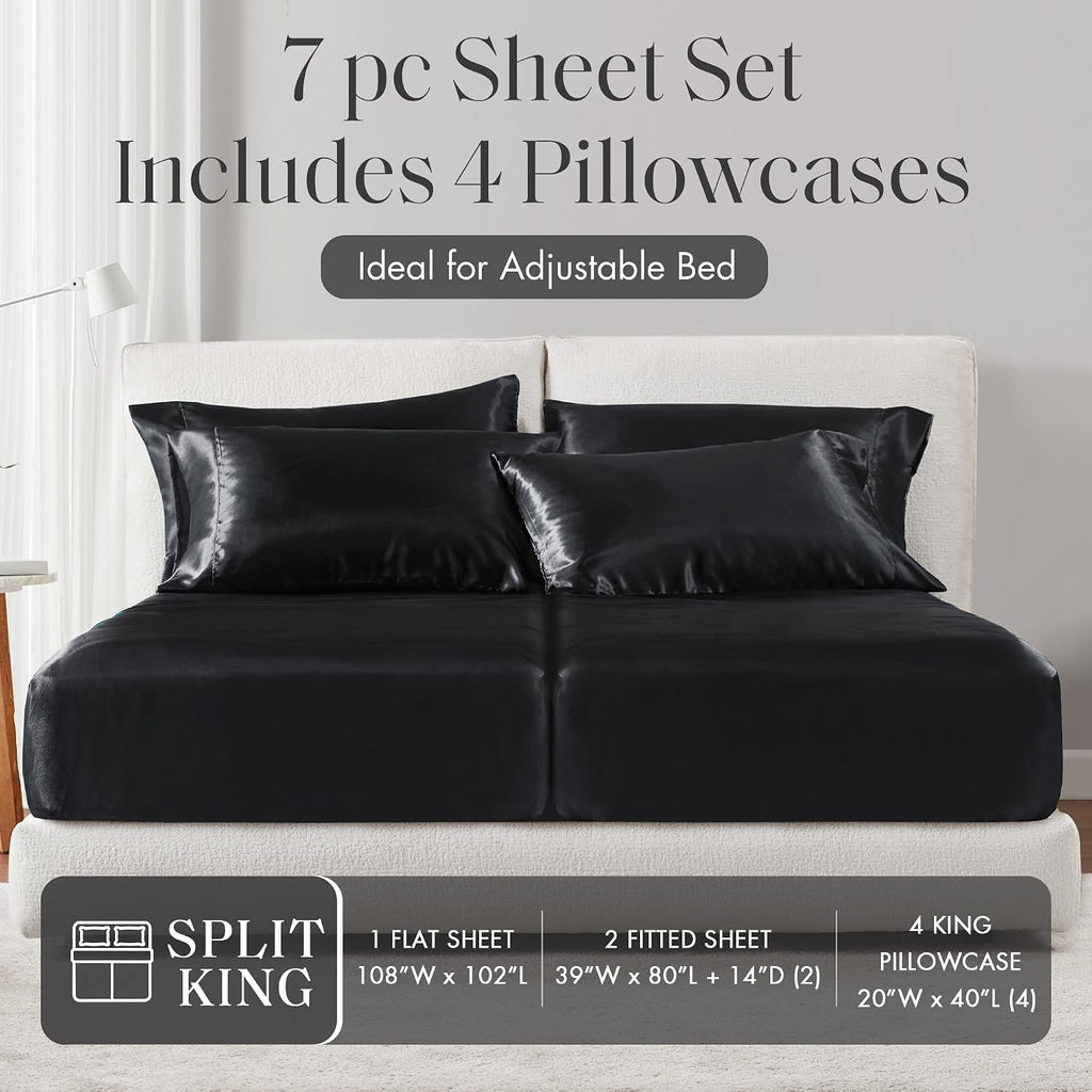 Madisonpark Madison Park Satin Sheets Split King Size, Luxurious Silky Bed Sheets, Elastic 14" Pocket fits up to 16" Mattress, Wrinkle-Free…