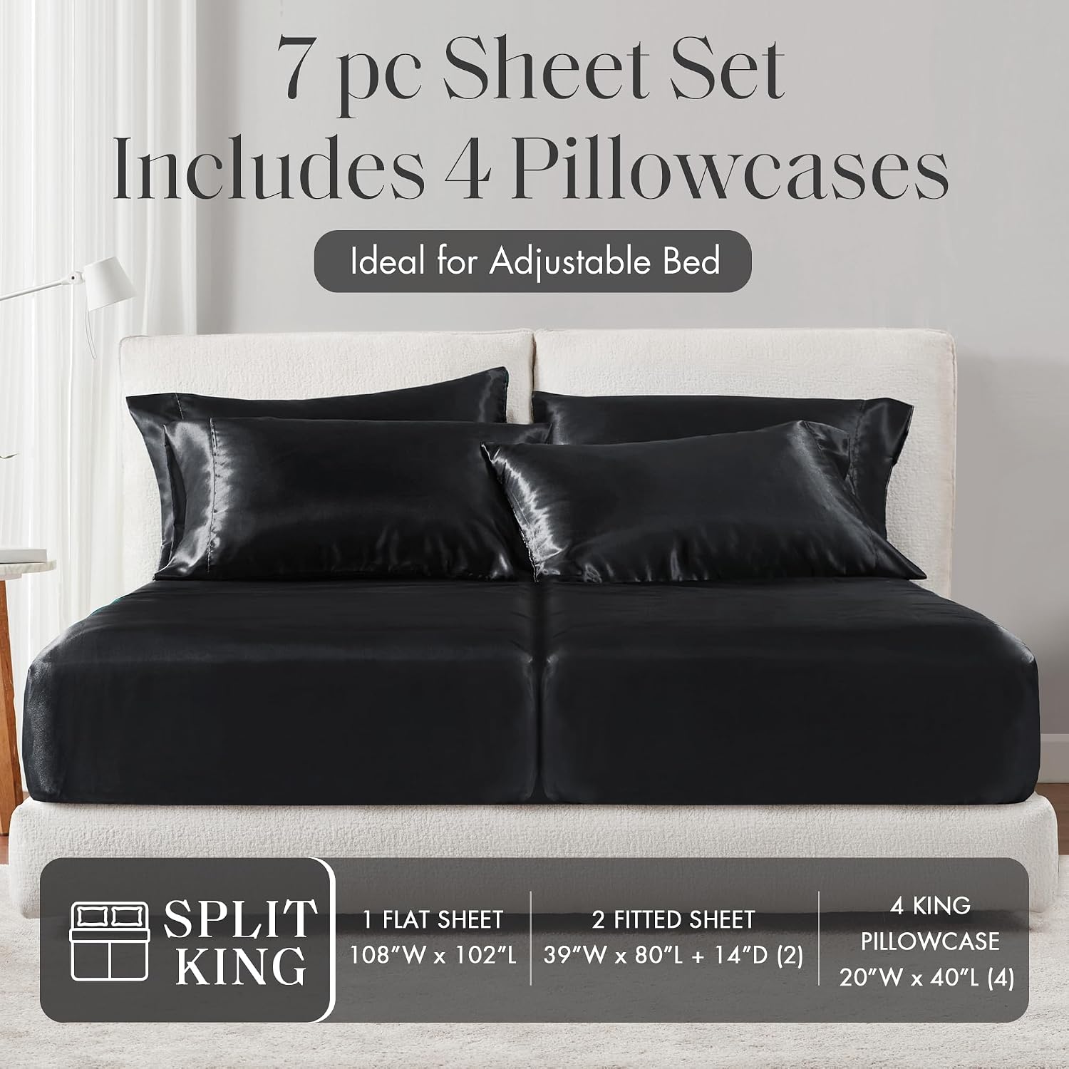 Madisonpark Madison Park Satin Sheets Split King Size, Luxurious Silky Bed Sheets, Elastic 14" Pocket fits up to 16" Mattress, Wrinkle-Free…