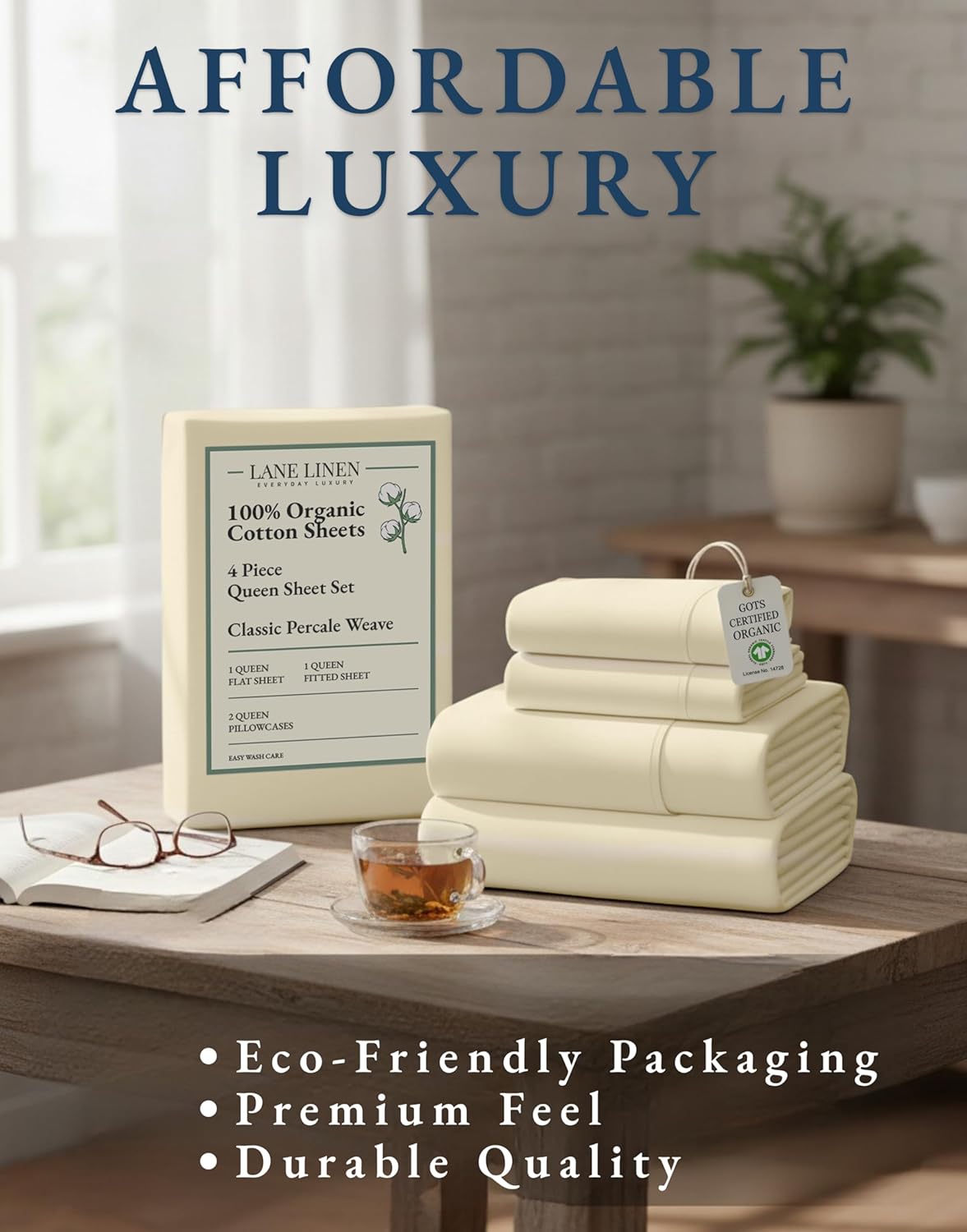 LaneLinen LANE LINEN 100% Organic Cotton Queen Sheets, 4Pc Cotton Sheets Set, Classic Percale Weave Bedsheets Queen Size Bed, Soft Breathab…