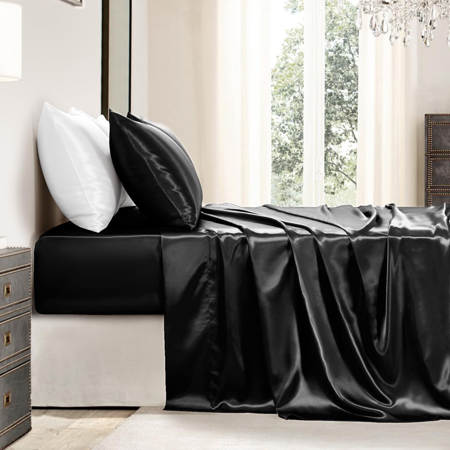 Golal Satin Sheets California King Size - 4 Pieces Luxury Silky Soft Bed Sheets, Wrinkle-Free Black Satin Silk Sheet Set with 1 Deep Pocket…