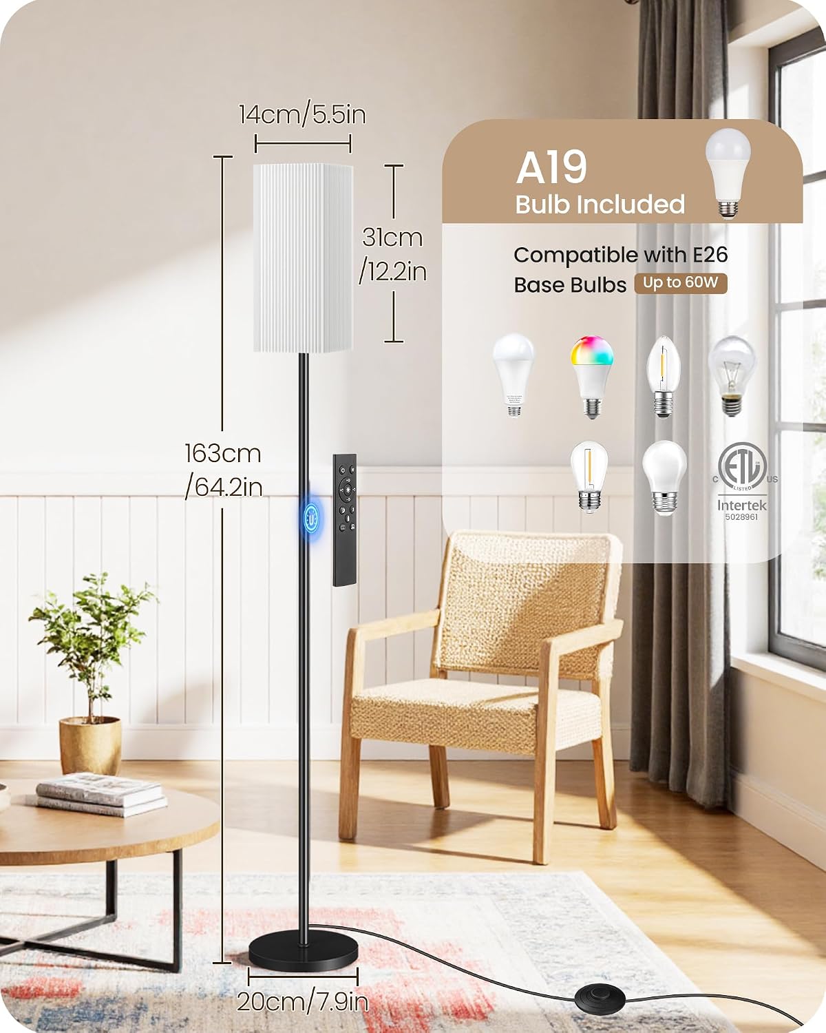 2Pack 64.2” Dimmable Floor Lamp for Living Room with Remote & Foot Switch, Corner Floor Lamp for Bedroom, Includes A19 Bulb, Modern…