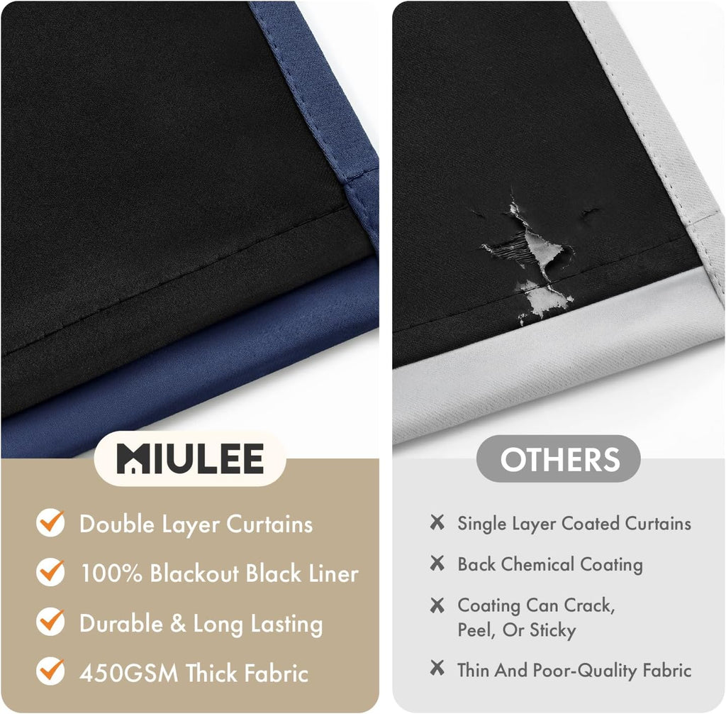 Miulee Navy Blue 100% Blackout Curtains for Bedroom 90 Inch Long, 2 Thick Layers Thermal Insulated Black Out Window Curtains with Black Lin…