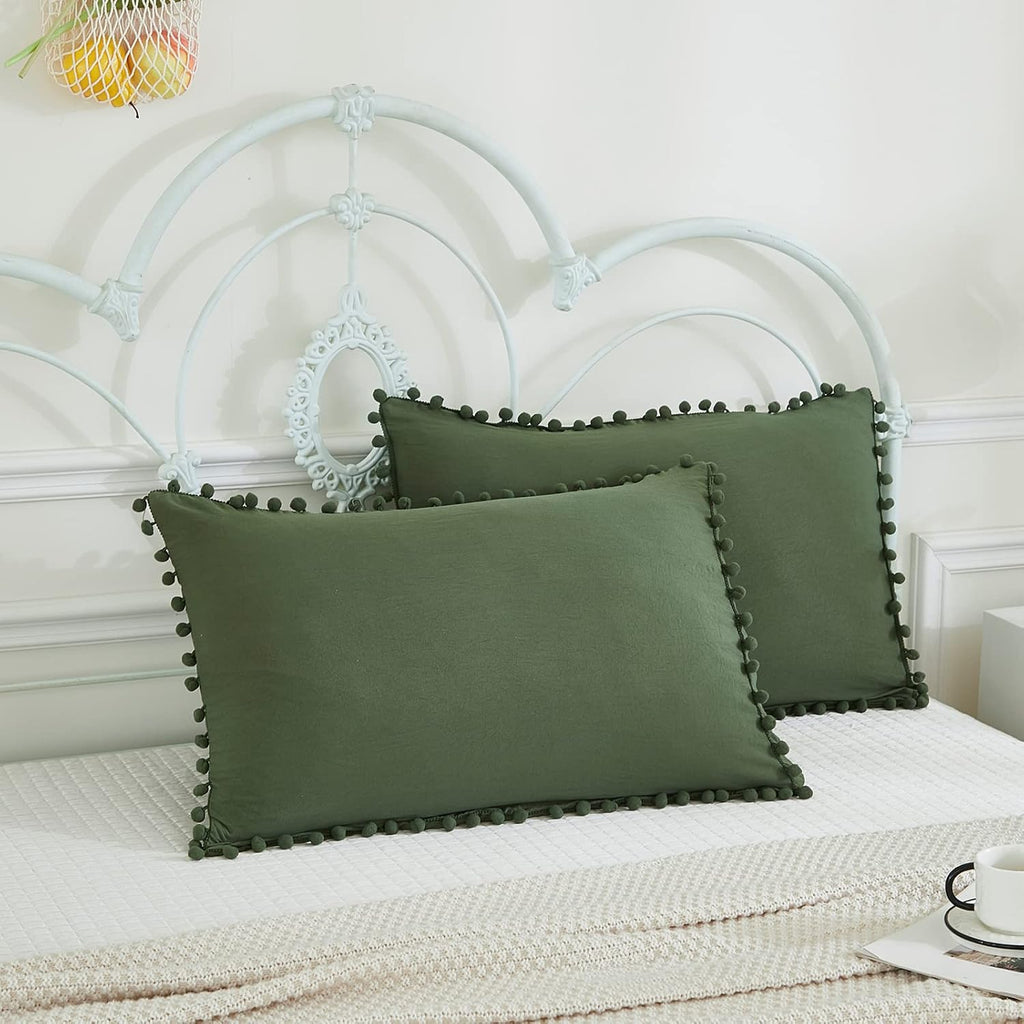 Moveover Dark Green Pom Poms Pillowcases, Green Standard Pillow Cases Set of 2, 100% Washed Microfiber, Bronze Green Ball Fringe Pillow Cov…