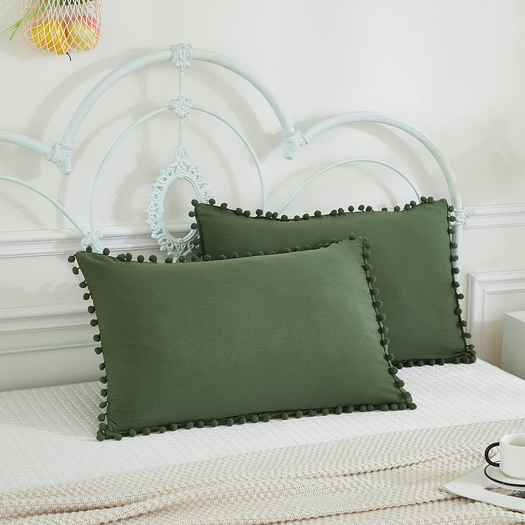 Moveover Dark Green Pom Poms Pillowcases King, Green Pillowcases Set of 2, 100% Soft Washed Microfiber, Army Green Ball Fringe Pillow Cover…