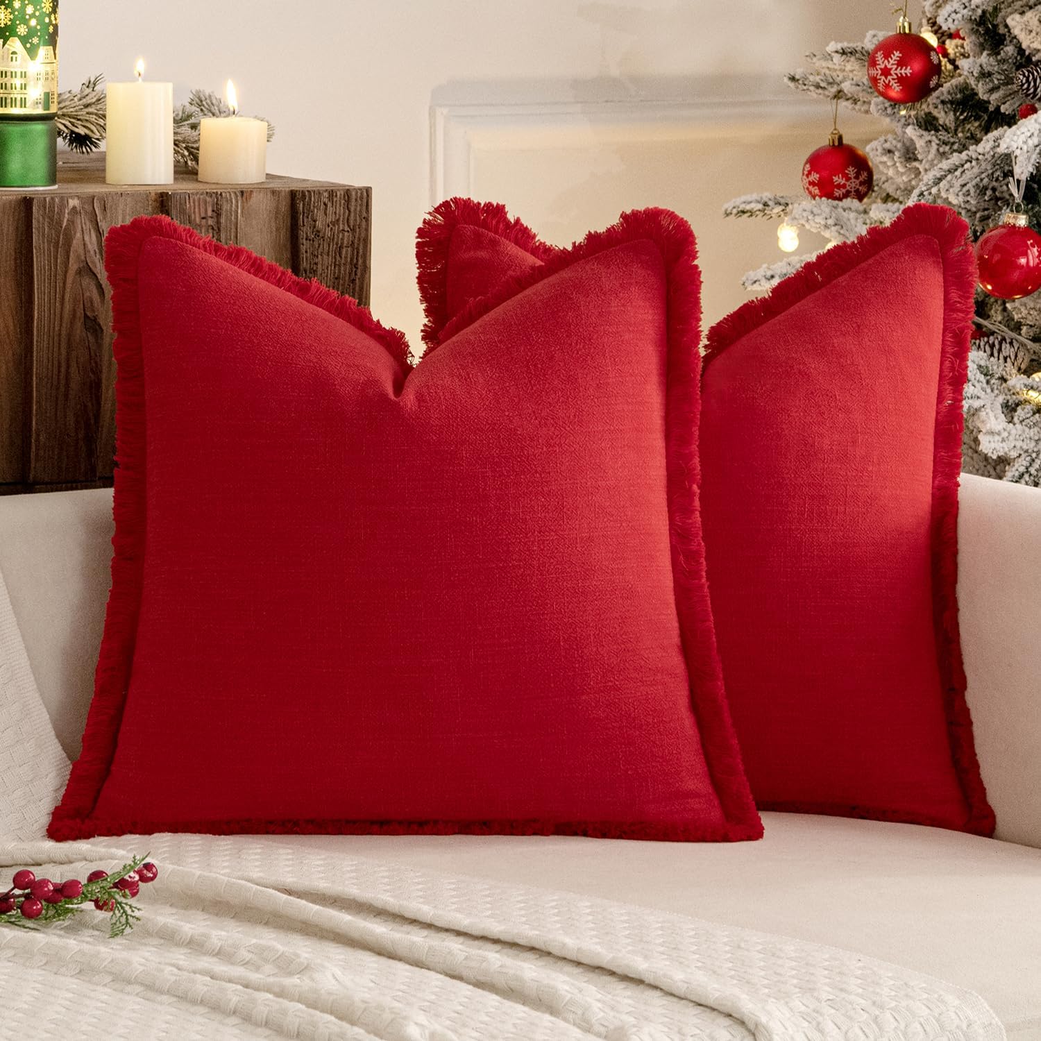 Miulee Decorative Throw Pillow Covers Neutral Linen Fringe Throw Pillows Set of 2 Red Boho Farmhouse Cushion Covers with Tassels for Couch…