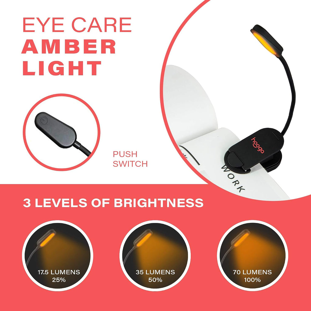 Hooga Amber Book Light, Rechargeable Clip-On Blue Light Blocking LED Reading Light, 1600K Warm Eye comfort for Bed, Students, Kids…