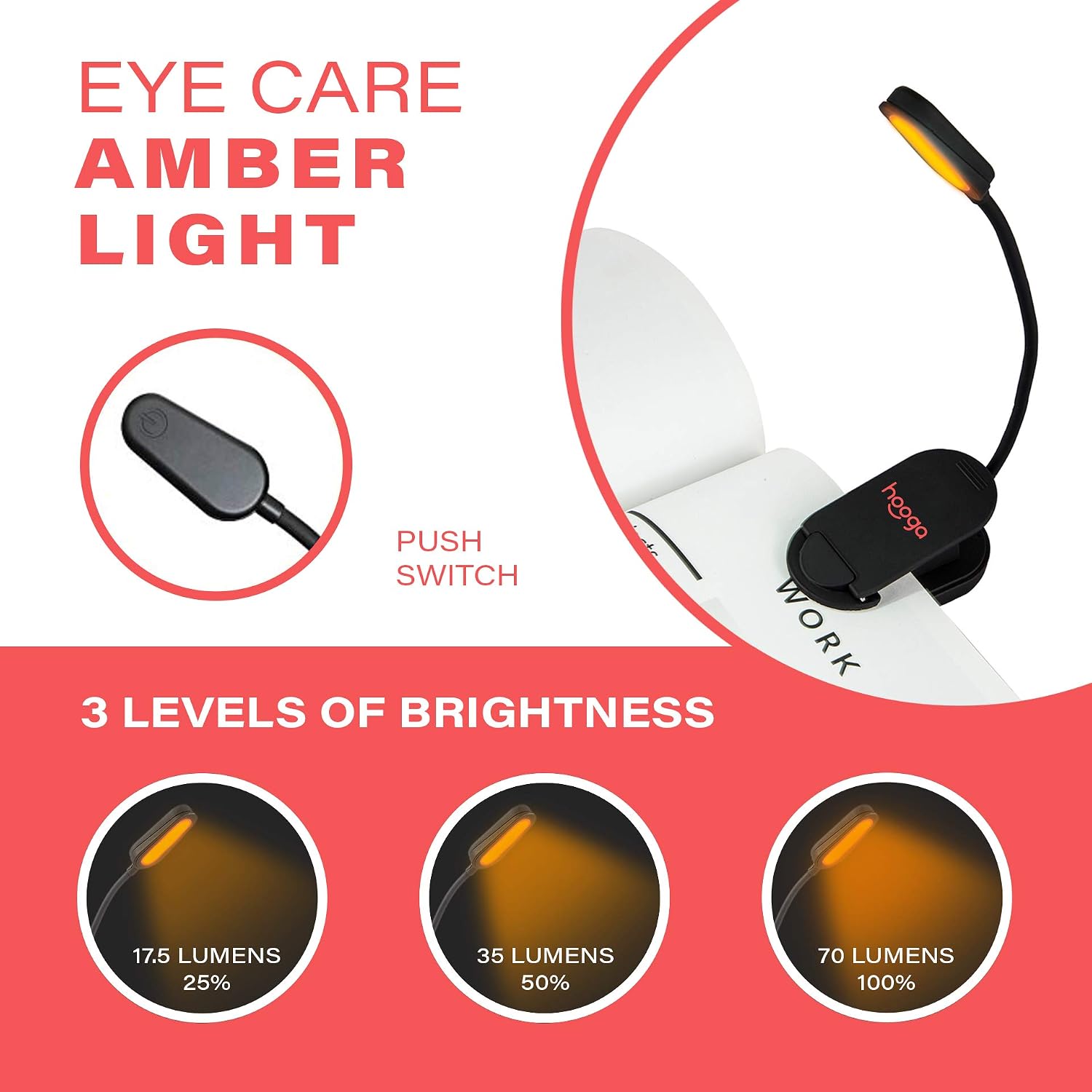 Hooga Amber Book Light, Rechargeable Clip-On Blue Light Blocking LED Reading Light, 1600K Warm Eye comfort for Bed, Students, Kids…