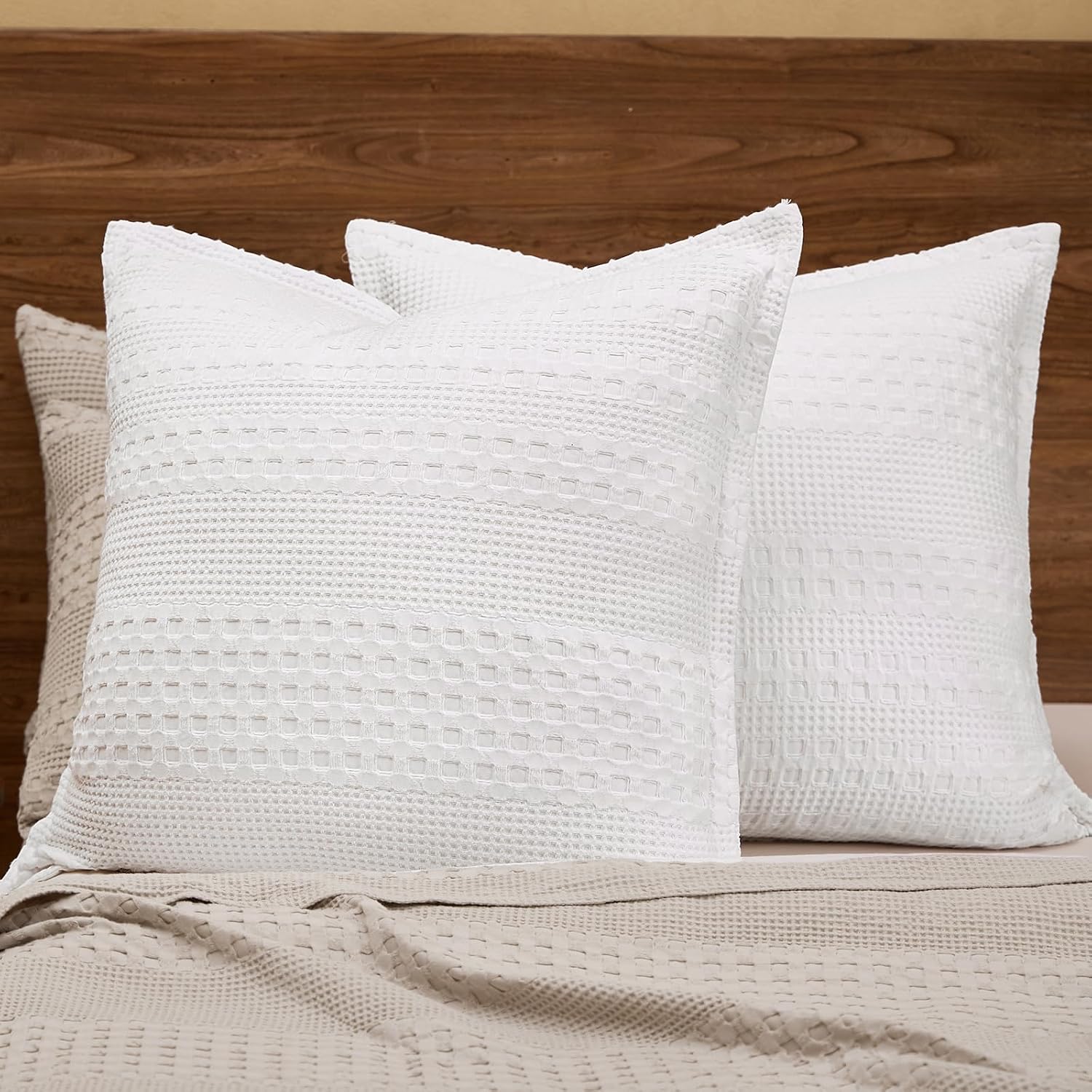Phf 100% Cotton Ruffle Waffle Weave Euro Sham Covers, 2 Pack 26" x 26" Bed Pillow Covers for Elegant Home Decor, No Filling, Luxury Aesthet…