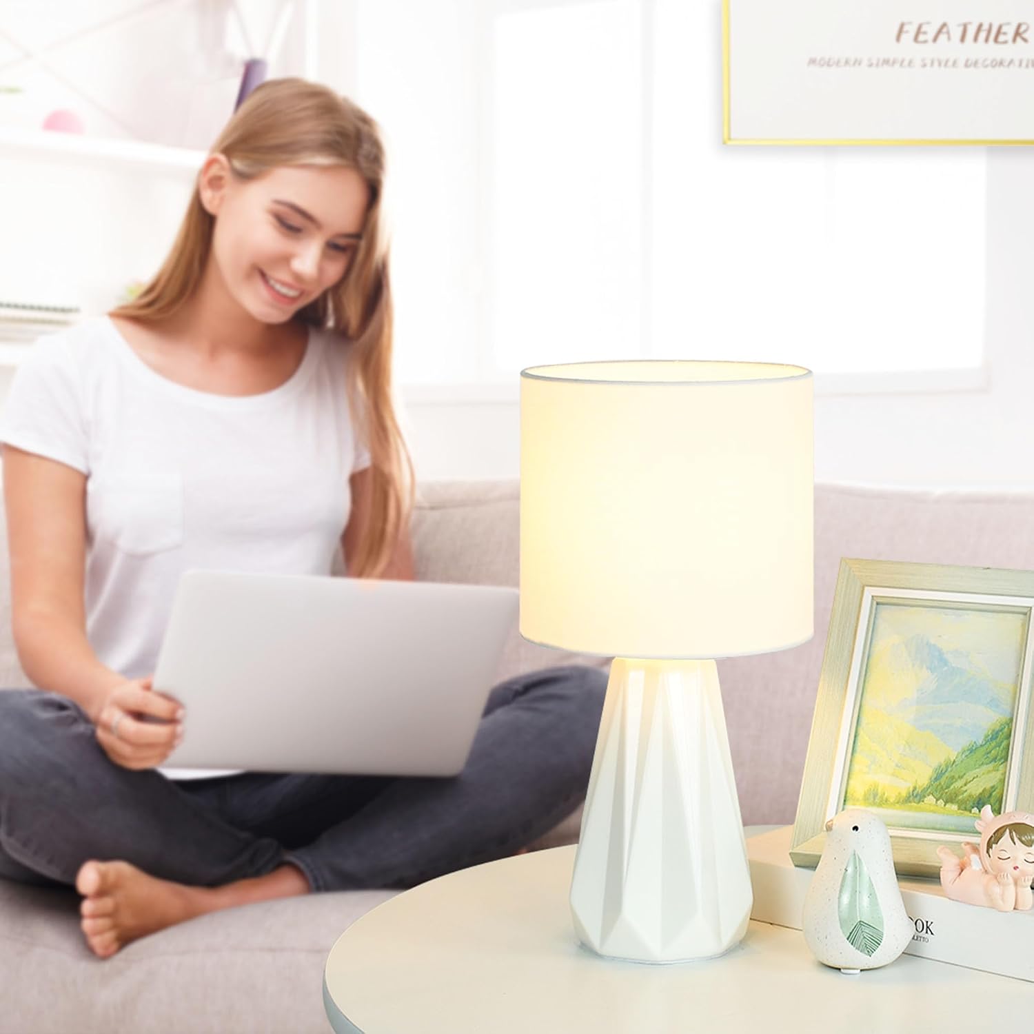 Elisa Offwhite Small Table Lamp for Living Room as Bedside Table Lamp for Bedroom, Modern Ceramic Kids Night Table Lamp, Φ6.1×H12.4IN, Bulb…