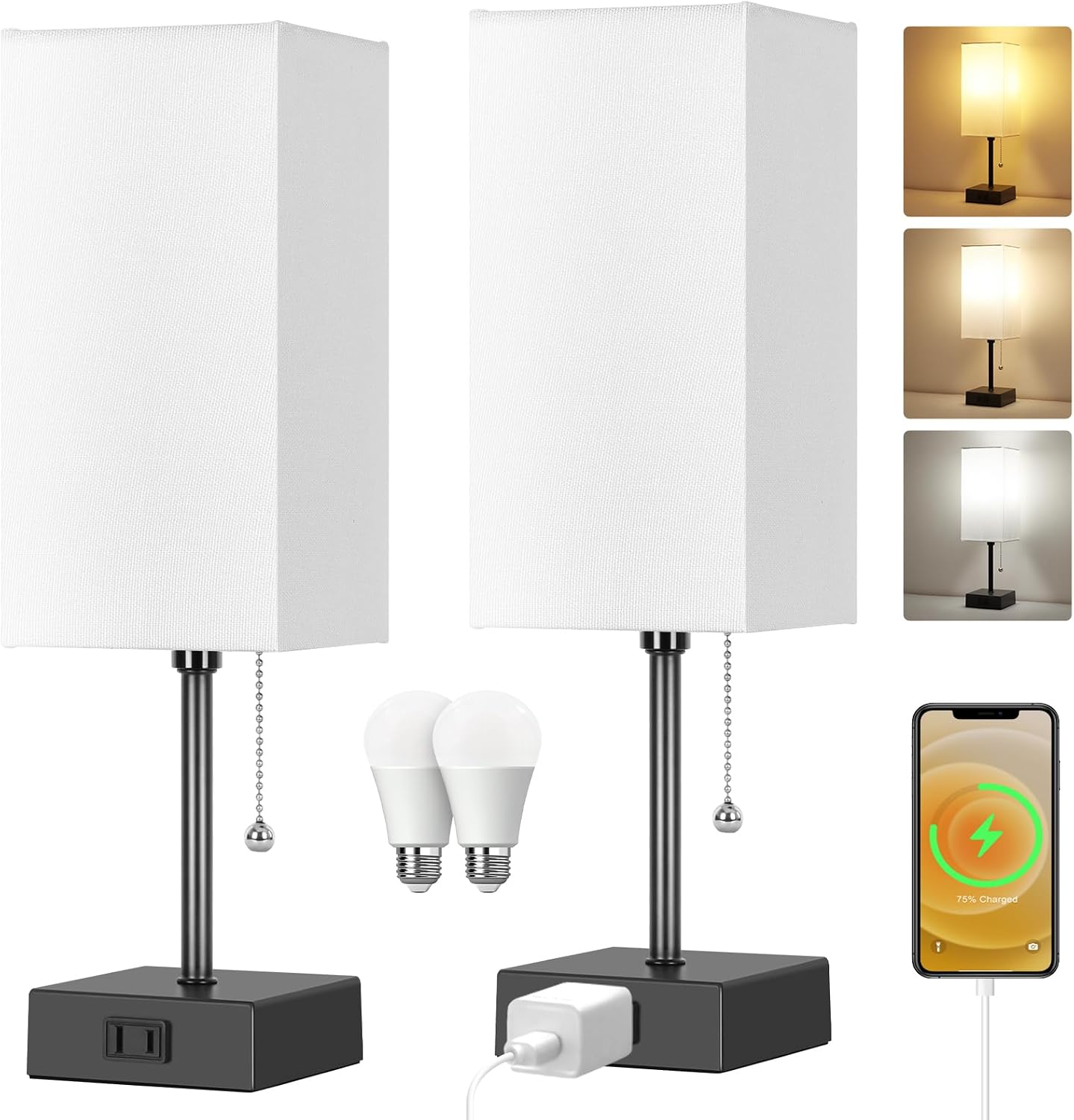Dott Arts Table Lamp for Bedroom Set of 2, Minimalist Bedside Lamps with AC Outlets, Night Light 2700K 4000k 5000K Small Nightstand Lamps…