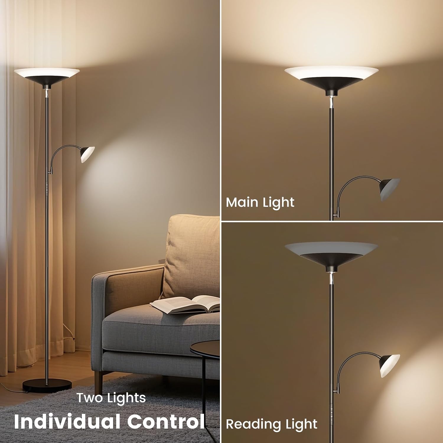 SIBRILLE RGB Torchiere Floor Lamp - 2 Way Dimmable LED Standing Lamp with Remote&Button Control, 34W Rotatable Floor Reading Light, 72''…