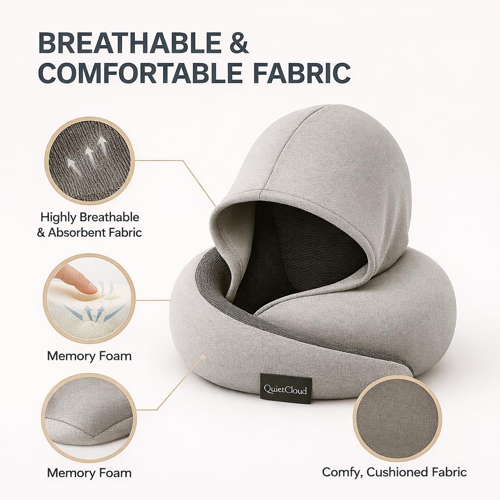Travel Neck Pillow Hooded Memory Foam 360° Head & Chin Support, Lightweight Breathable Adjustable Fit Travel Neck Pillow with Eye Mask…