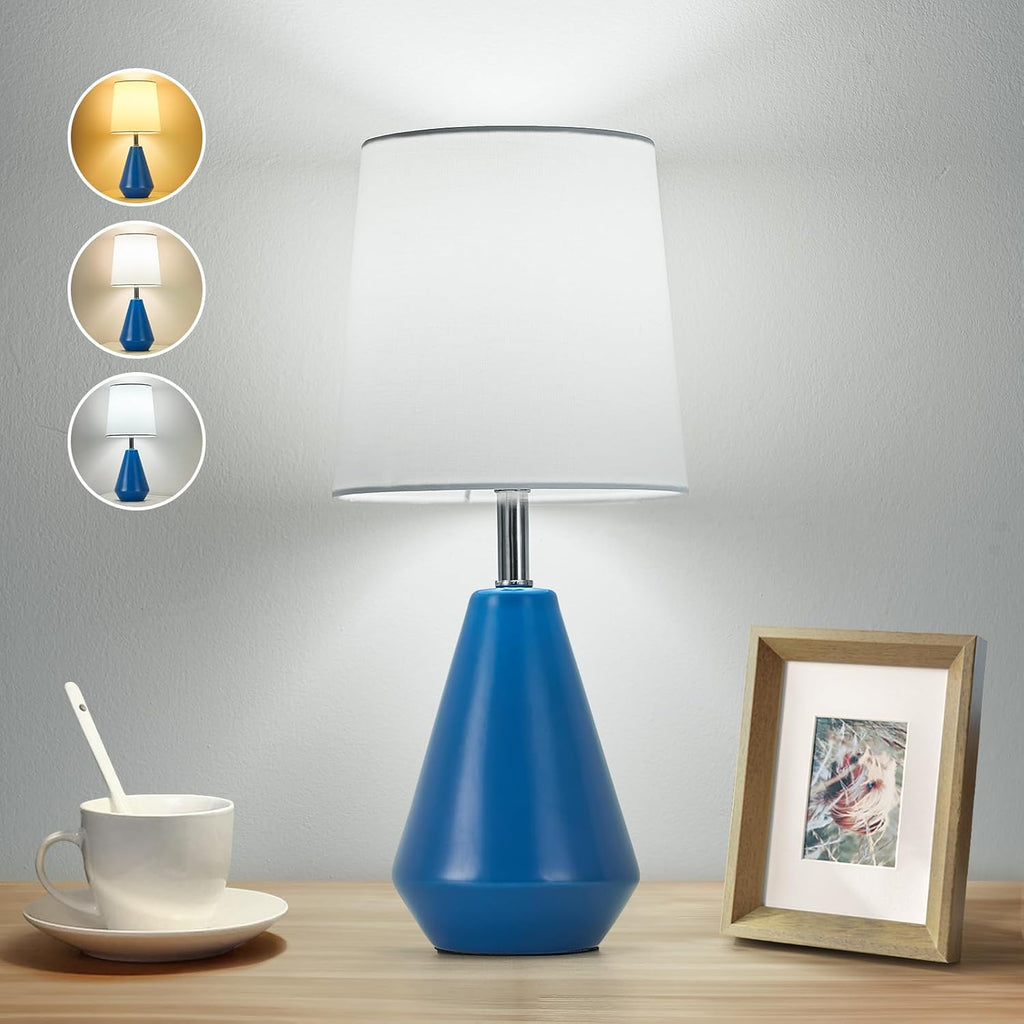 Small Bedside Table Lamp for Bedroom - Reading Desk Lamp with 3 Color Temperatures,15.5" Nightstand Ceramic Lamp with Fabric Shade for…