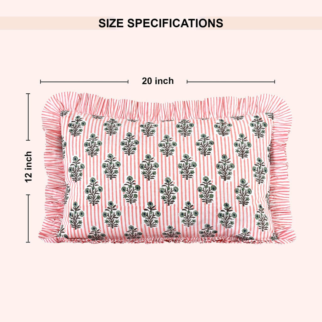 Ridhi Block Print Salmon Blossom 20"x12" Set 1-100% Cotton Ruffle Lumbar Sham Cover Boho Floral Pillowcase, Farmhouse Cottagecore…