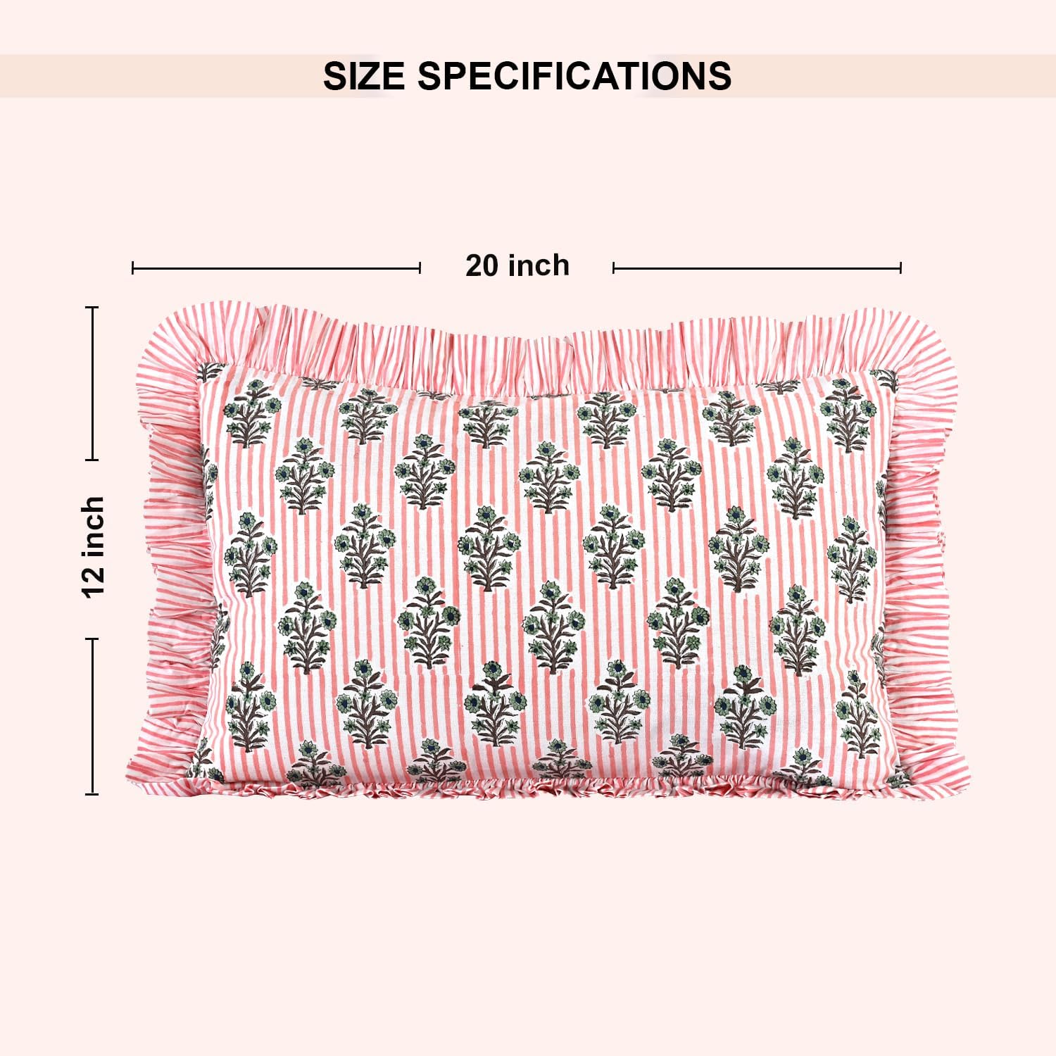 Ridhi Block Print Salmon Blossom 20"x12" Set 1-100% Cotton Ruffle Lumbar Sham Cover Boho Floral Pillowcase, Farmhouse Cottagecore…