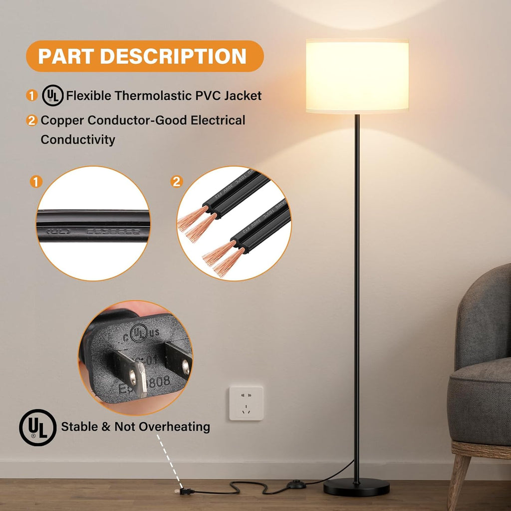 Modern Floor Lamp Simple Design with White Shade, Foot Pedal Switch, 60" Small Tall Lamps for Living Room Bedroom Office Dining Room…