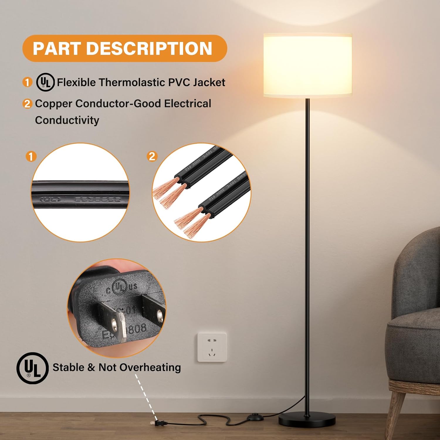 Modern Floor Lamp Simple Design with White Shade, Foot Pedal Switch, 60" Small Tall Lamps for Living Room Bedroom Office Dining Room…
