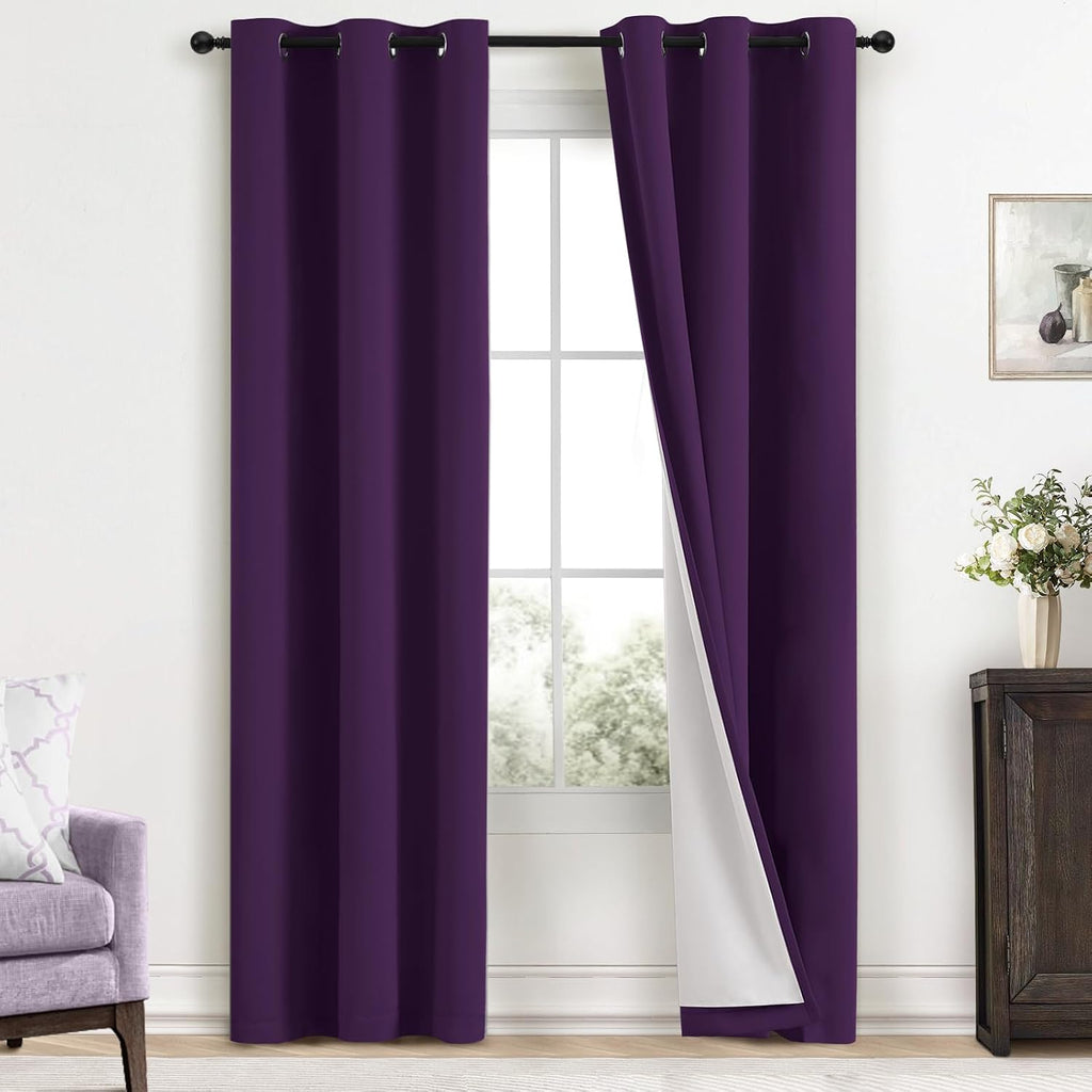 Yakamok Room Darkening 100% Blackout Curtains Grommet Window Treatments with 2 Thick Layers-Purple Thermal Insulated Drapes Set of 2 Panels…