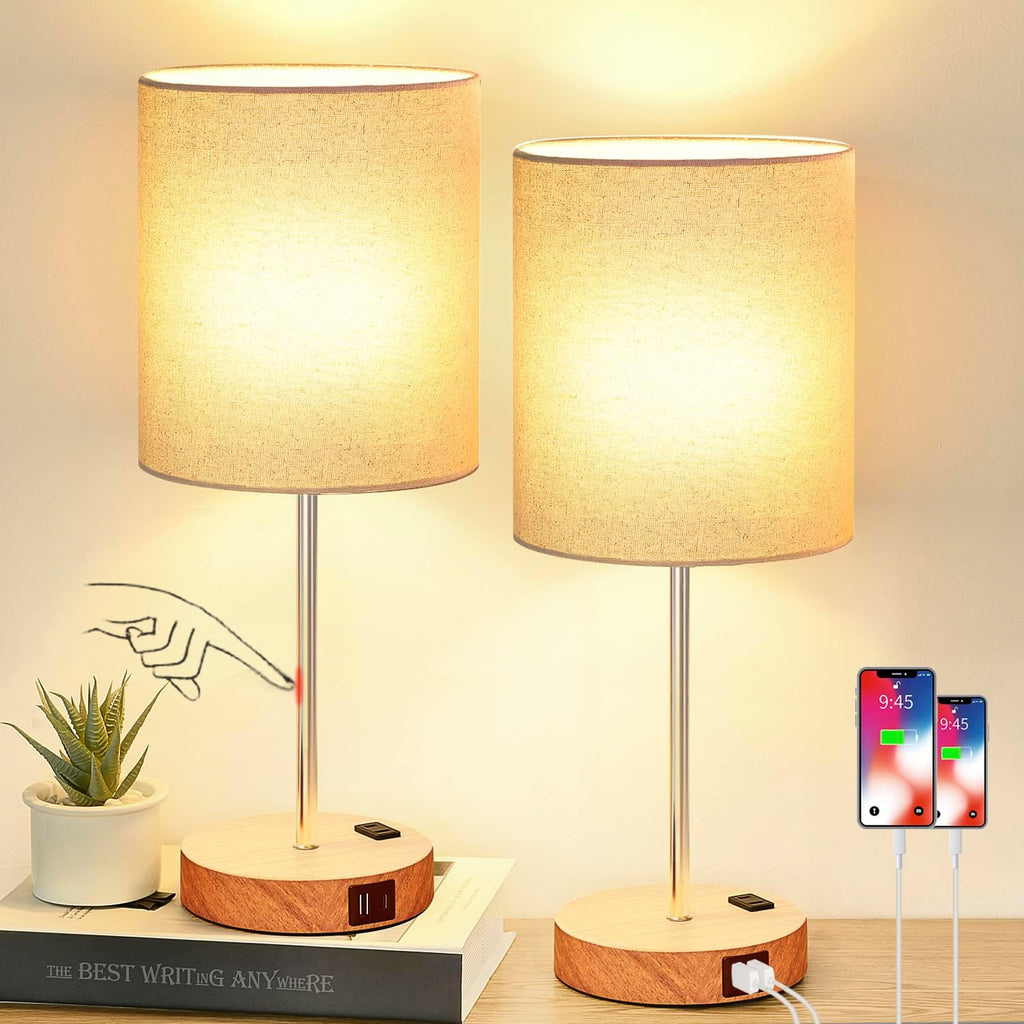 Lynnoland Set of 2 Touch Wood Table Lamps, Bedroom Lamps with 2 USB AC Outlet, 3-Way Dimmable Bedside Nightstand Lamps for Bedroom Living…