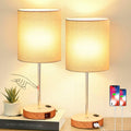 Lynnoland Set of 2 Touch Wood Table Lamps, Bedroom Lamps with 2 USB AC Outlet, 3-Way Dimmable Bedside Nightstand Lamps for Bedroom Living…