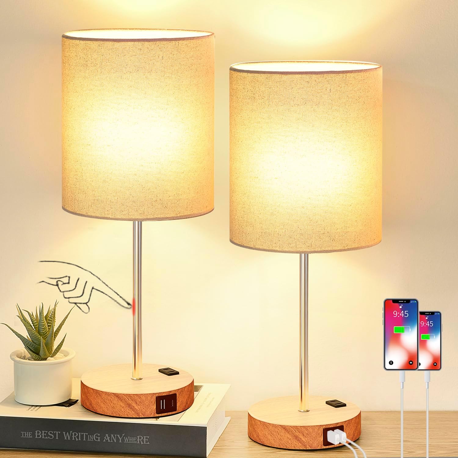Lynnoland Set of 2 Touch Wood Table Lamps, Bedroom Lamps with 2 USB AC Outlet, 3-Way Dimmable Bedside Nightstand Lamps for Bedroom Living…