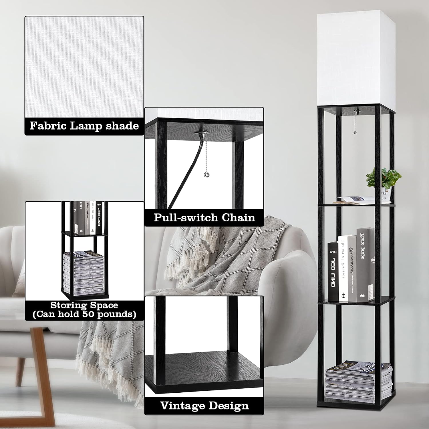 RUNTOP Floor Lamp with Shelves, Shelf Lamp with 3 Color Temperature LED Bulb, Floor-Lamp for Living Room, Modern Tall Standing Display…