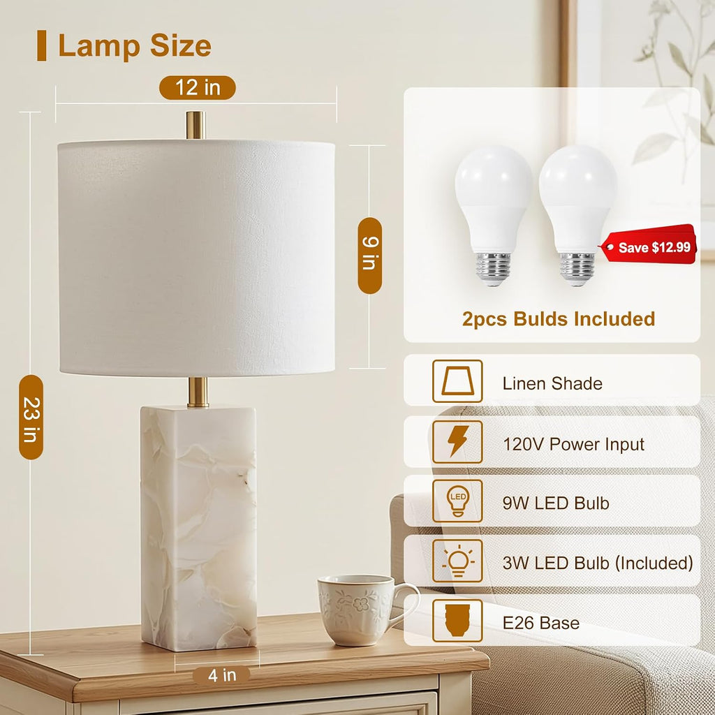 Scenekoy Alabaster Table Lamp Set of 2 with Night Light for Bedroom Living Room, 23" Rotary Switch Bedside Lamp with Linen Shade, Modern…