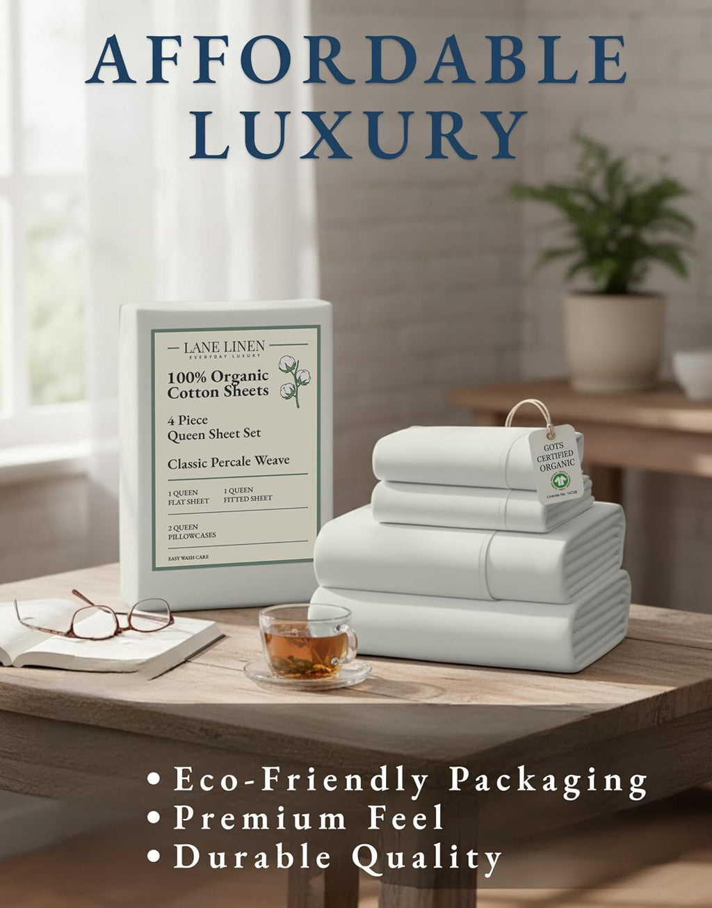 LaneLinen LANE LINEN 100% Organic Cotton Queen Sheet Set, 4Pc Cotton Sheets Queen Size Bed Set, Soft Percale Weave, Deep Pocket Queen Sheet…