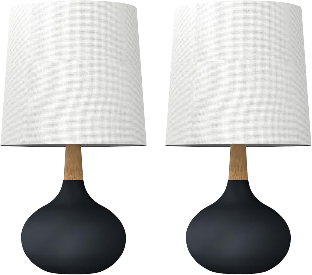 Hightry 14" Ceramic Table Lamp Set of 2 with Natural Wood Stem & Linen Shade for Bedroom Decor, Modern Farmhouse Small Bedside Lamp for Nigh…