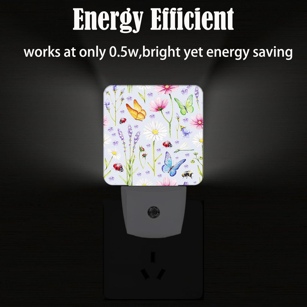 Wild Flowers and Insects Butterflies Night Light, Plug Into Wall for Boys Girls Bedroom Decorative Square Night Light Lamp 0.5w Sleep…