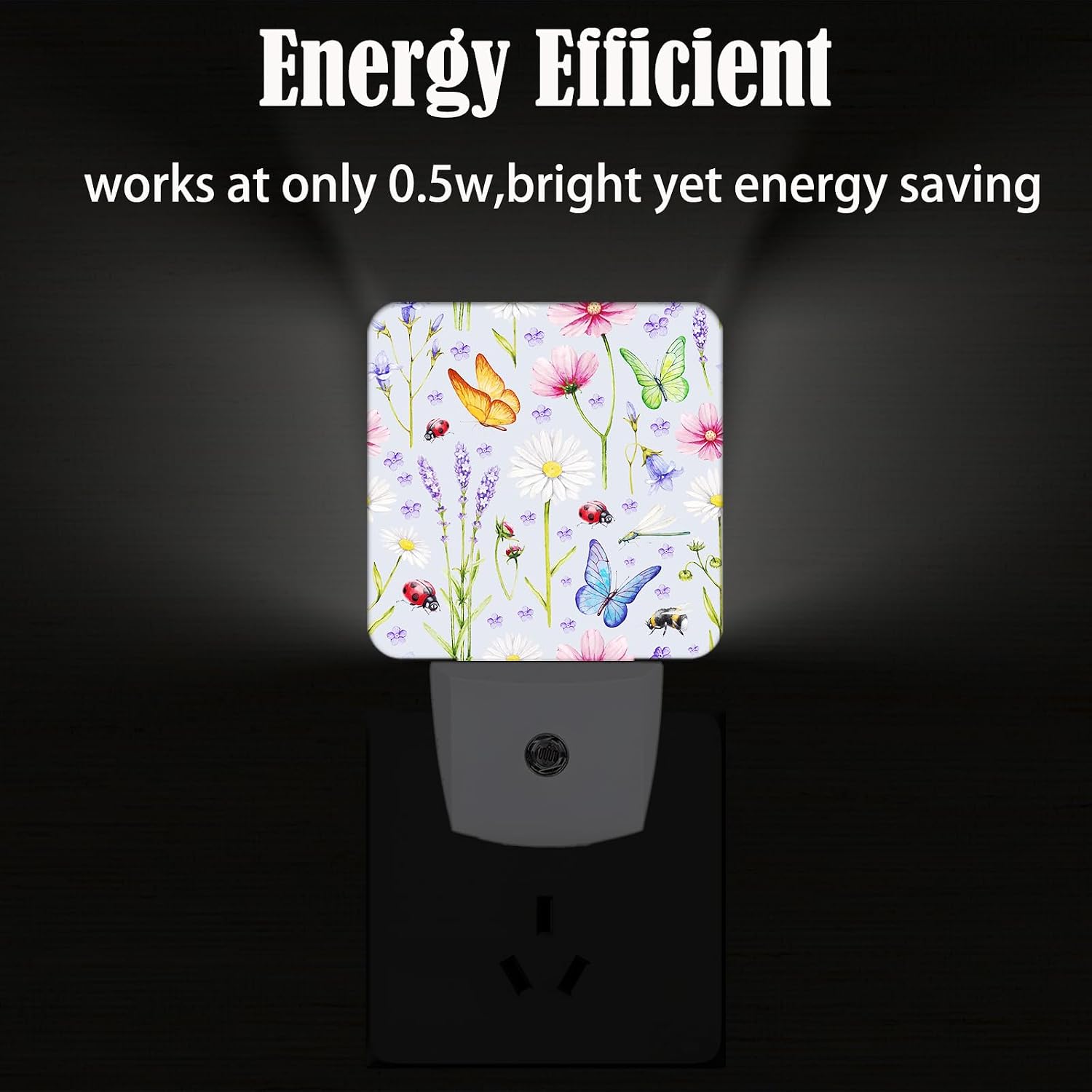 Wild Flowers and Insects Butterflies Night Light, Plug Into Wall for Boys Girls Bedroom Decorative Square Night Light Lamp 0.5w Sleep…