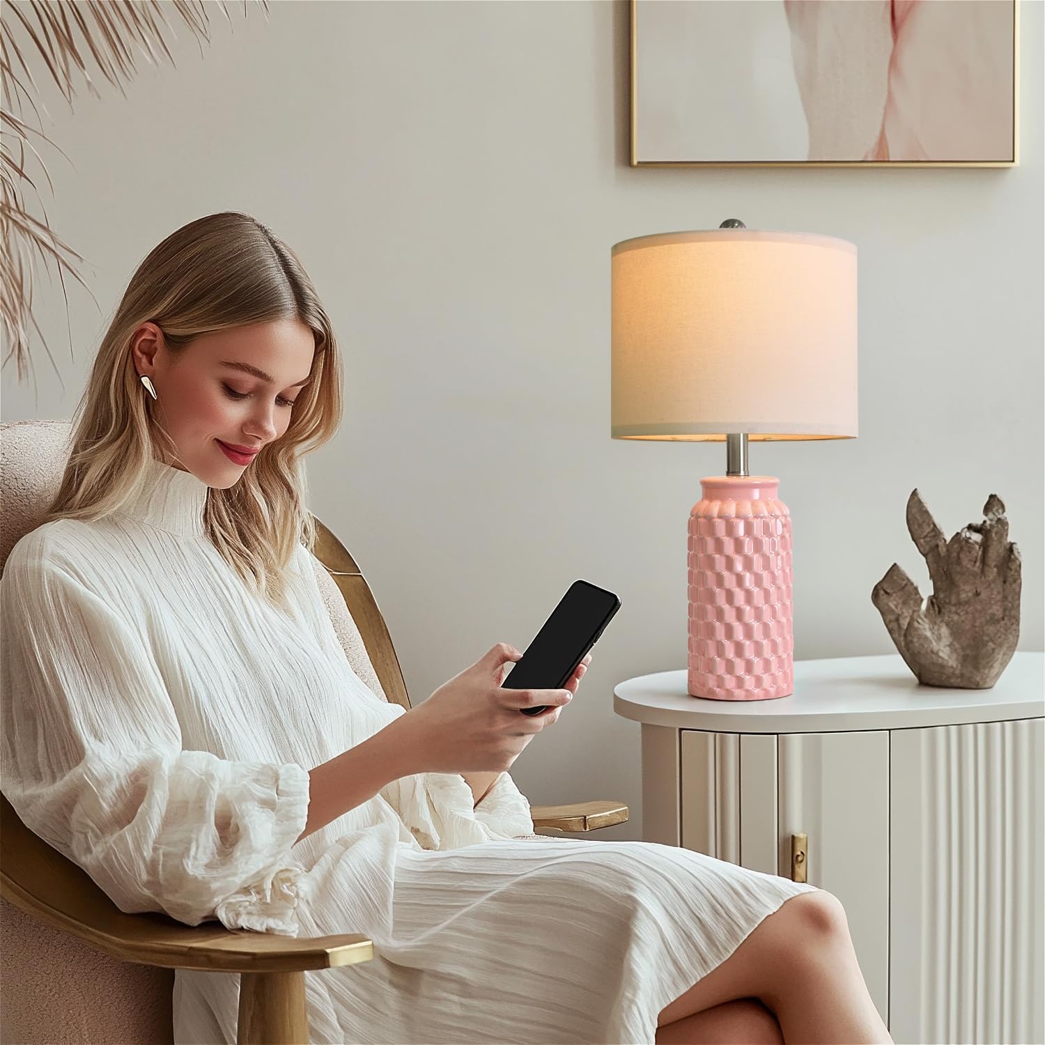 USumkky 20.5" Pink Table Lamps Set of 2, Modern Farmhouse Bedside Lamps - Ceramic Nightstand Lamps for Bedroom, Boho Living Room End…