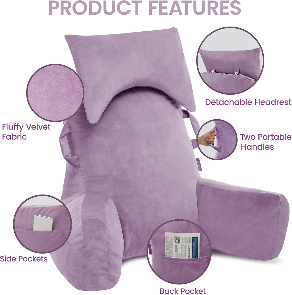 Unisakey Portable Reading Pillows with Headrest for Bed Sitting Up(Lavender Purple Oeko-Tex), Velvet Back Pillow with Arms & Pockets for…