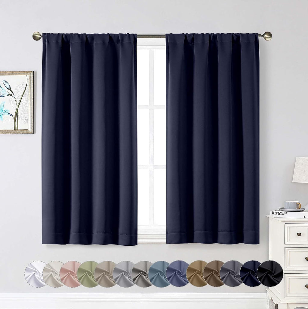 WelvetBLK Navy Blue Room Darkening Curtains for Bedroom Living Room 45 Inch Length 2 Panels Set, Soft Solid Thermal Insulated Rod Pocket Sh…