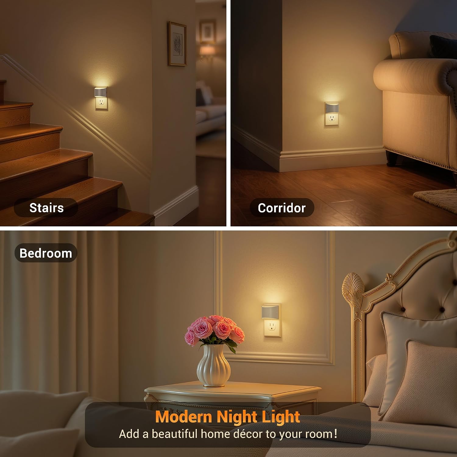 JandCase Night Light, Automatic Night Lights Plug into Wall,2 Pack Dusk to Dawn Sensor Nightlight, 3000K Soft White Brightness Adjustable N…