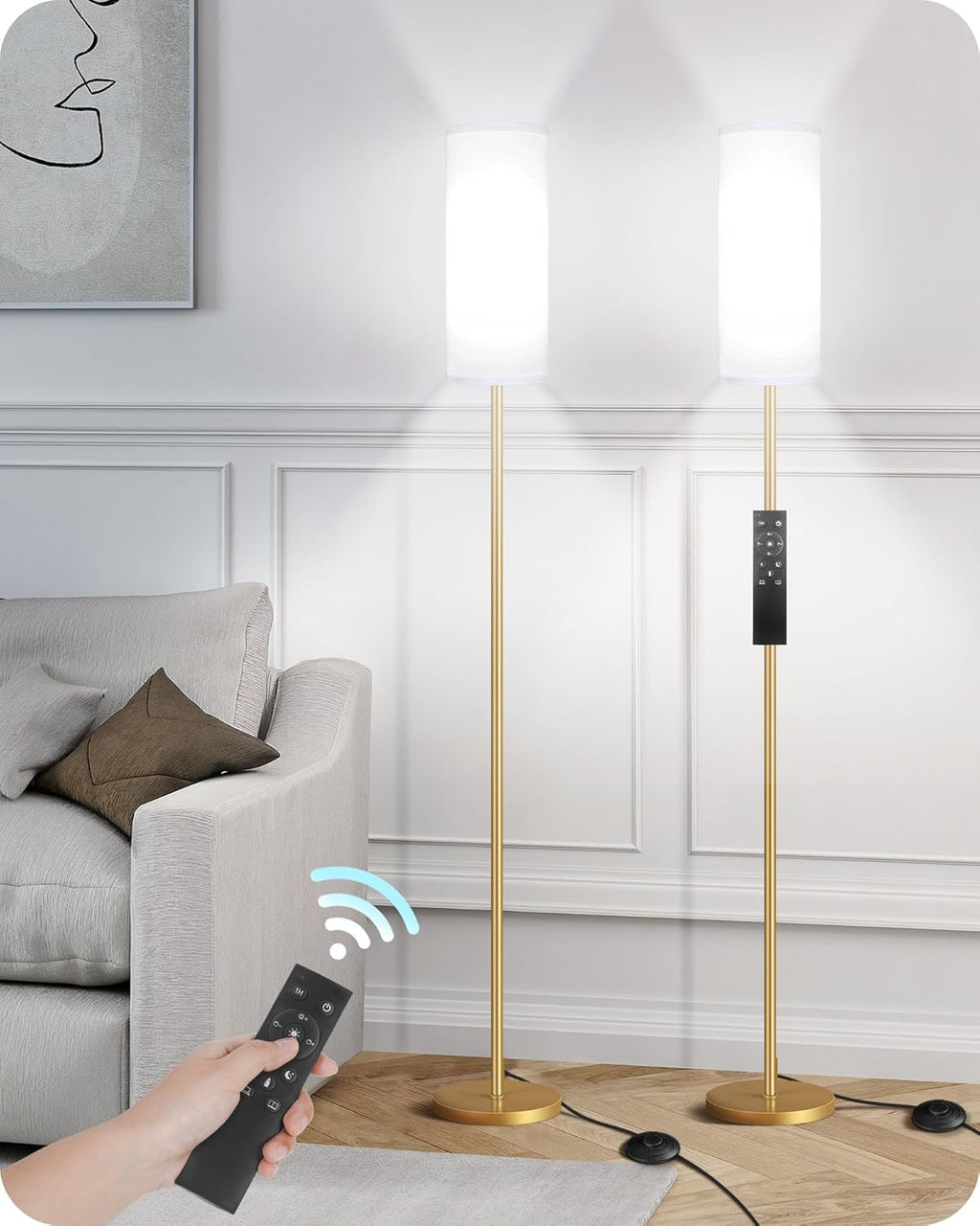 Set of 2 Dimmable Floor Lamps for Living Room with 2 Remotes and Foot Switch, 64.4”Modern Standing Lamp, Corner Lamp for Bedroom, Bulb…